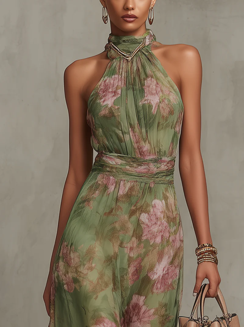 Livia | Vestido longue Elegante à fleurs et col licou