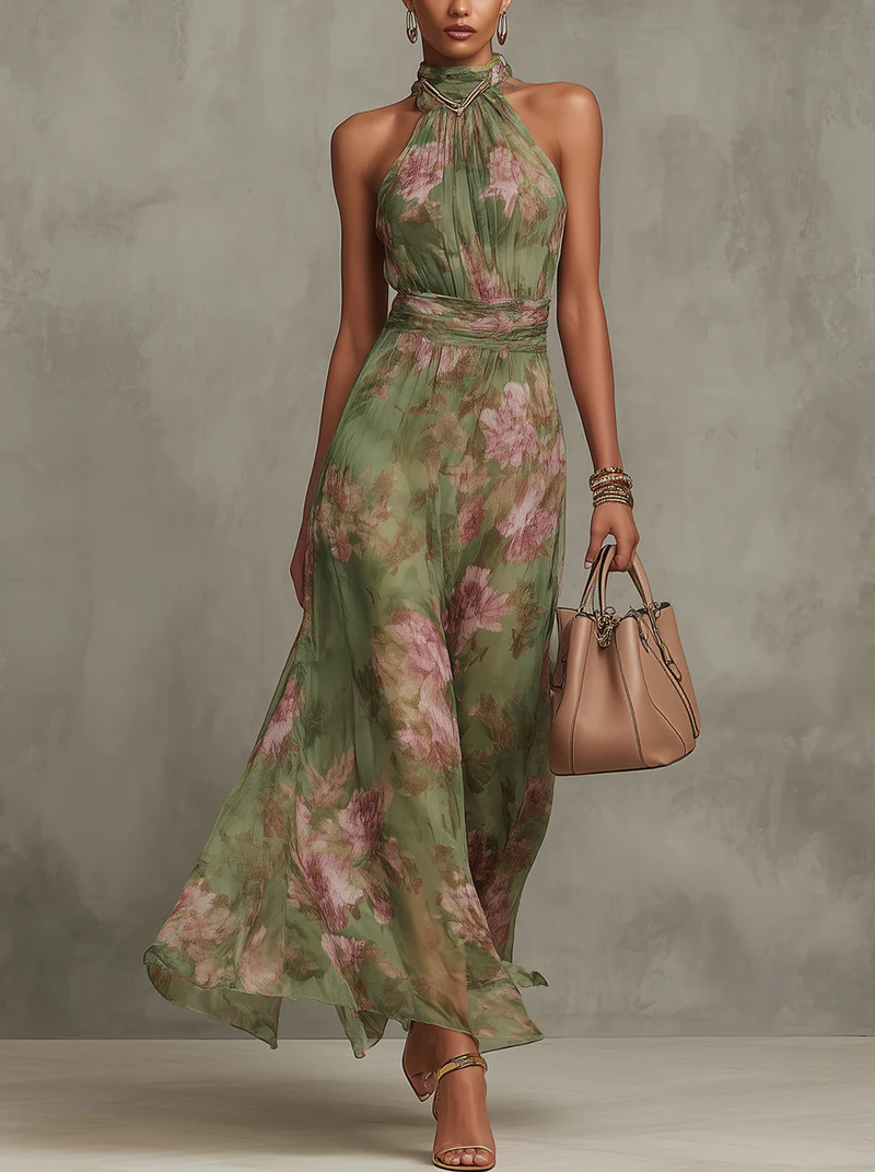 Livia | Vestido longue Elegante à fleurs et col licou