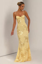 Vestido Largo · Amarillo Floral Corsé