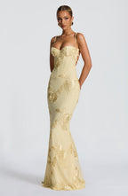 Vestido Largo · Amarillo Floral Corsé