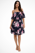 Vestido Corto · Gasa Floral Hombros Descubiertos