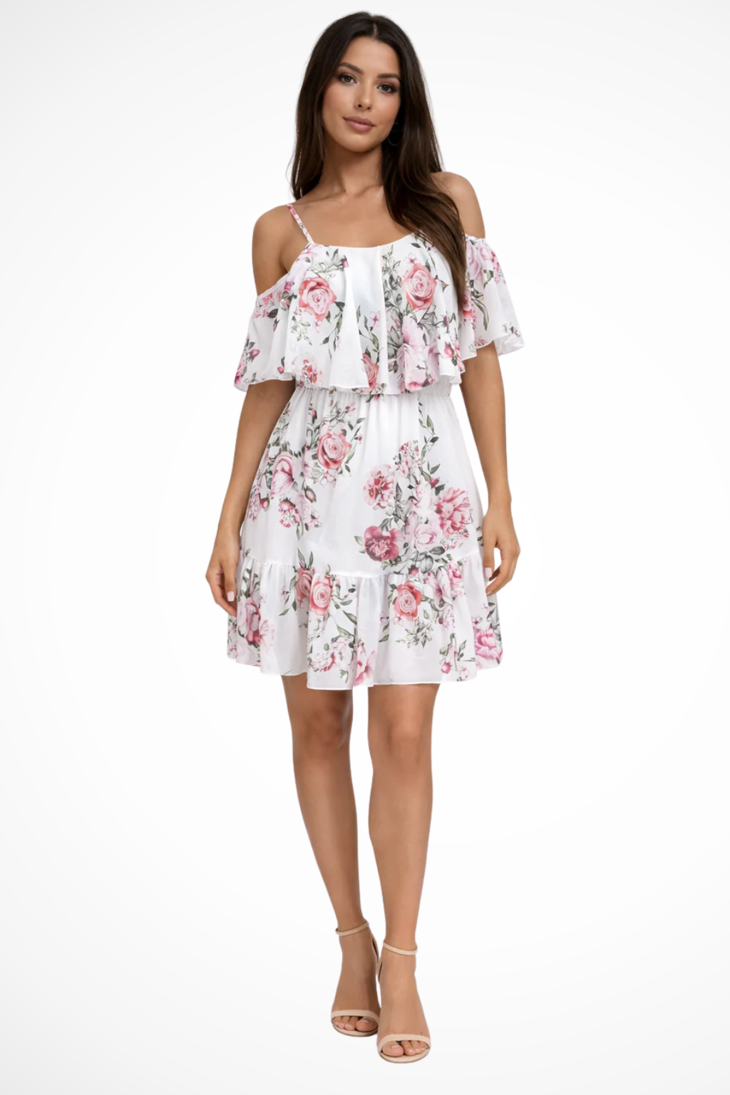 Vestido Corto · Gasa Floral Hombros Descubiertos